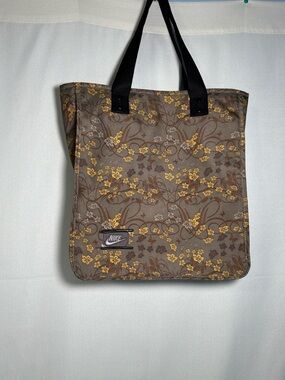 Nike Brown Floral Tote with Black Handles and Yellow Accents